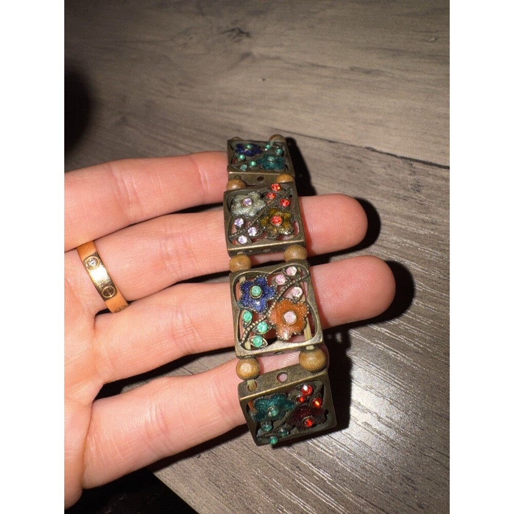 Multicolor Crystal Floral Square Link Stretch Bracelet No Clasp Bezel Set
